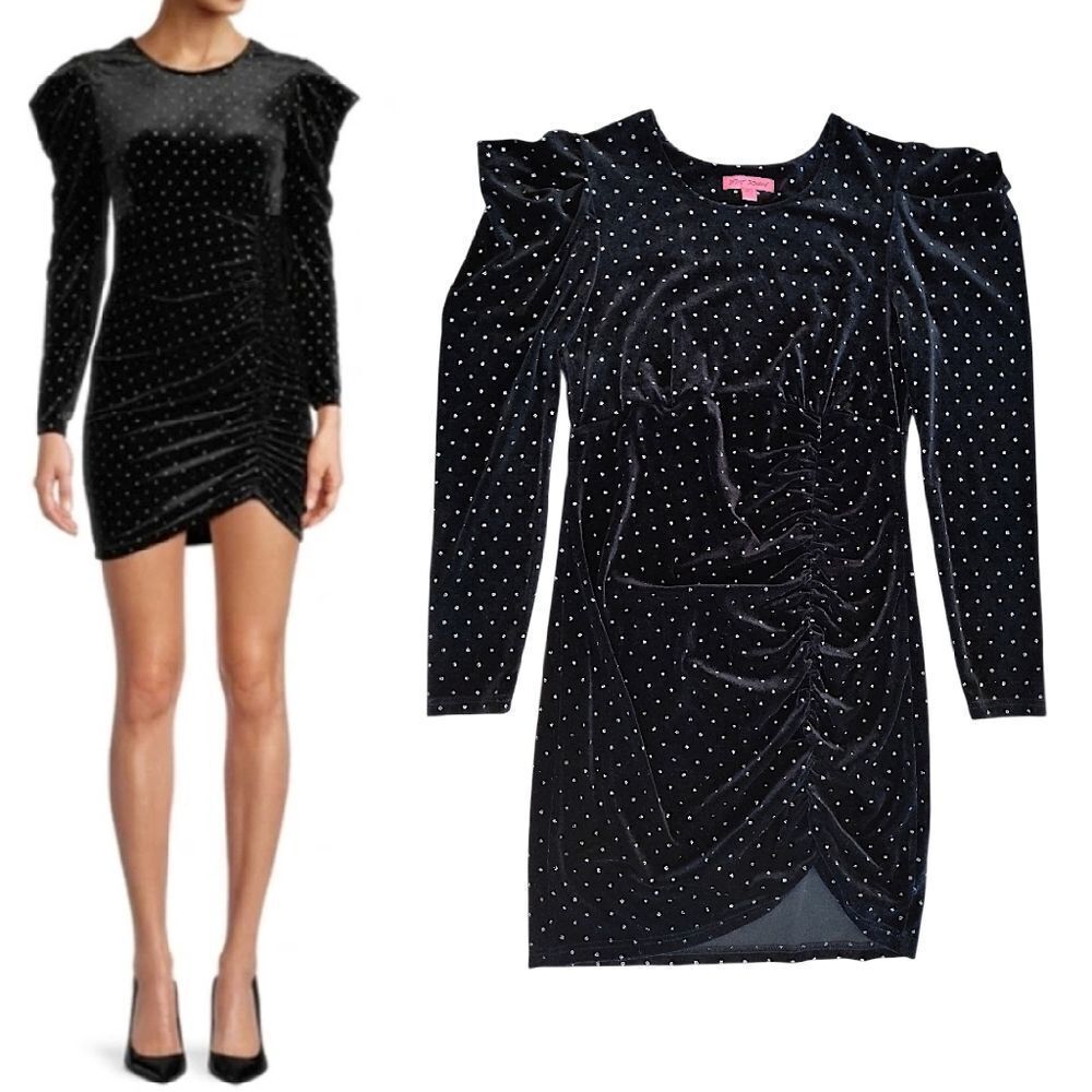 Betsey Johnson Black Embellished Power Sleeve Velvet Mini Dress Large